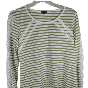 Hannah Jersey Knit Top T-Shirt Women Size L Green Stripe with Lace Sleeve